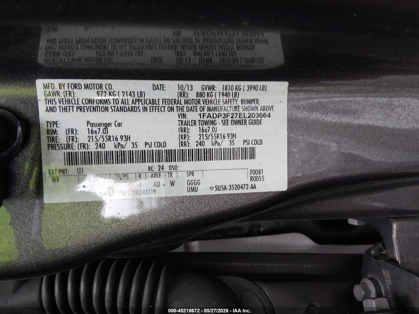 2014 FORD FOCUS SEDAN 2.0L I-4 DI, DOHC, VVT, 160HP