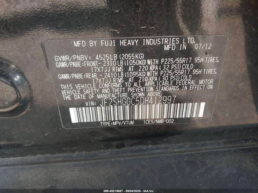 2013 Subaru Forester 2.5Xt Touring VIN: JF2SHGGC5DH412997 Lot: 45218687