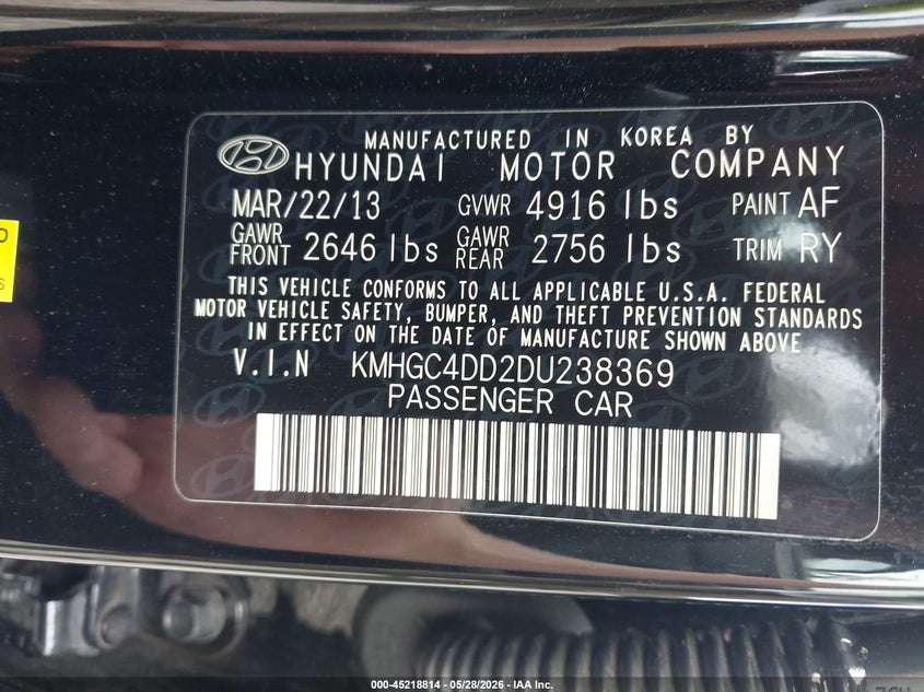 2013 Hyundai Genesis 3.8 VIN: KMHGC4DD2DU238369 Lot: 45218814