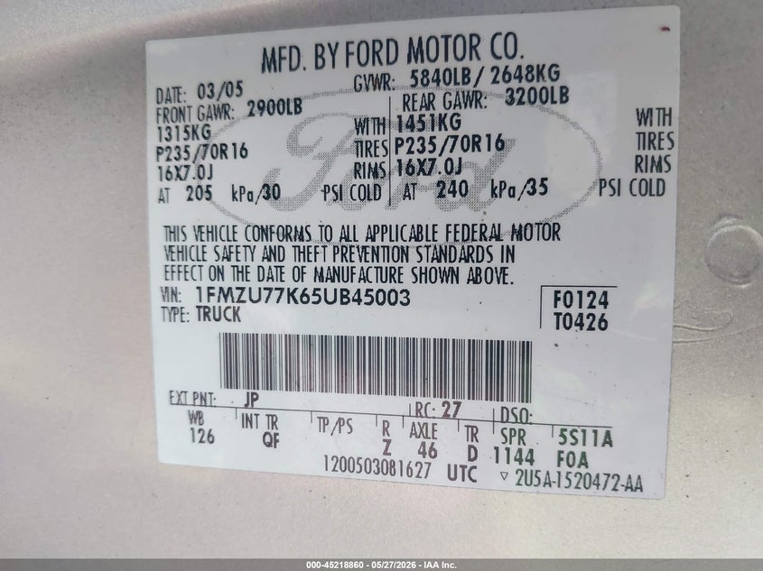 2005 Ford Explorer Sport Trac Adrenalin/Xls/Xlt VIN: 1FMZU77K65UB45003 Lot: 45218860