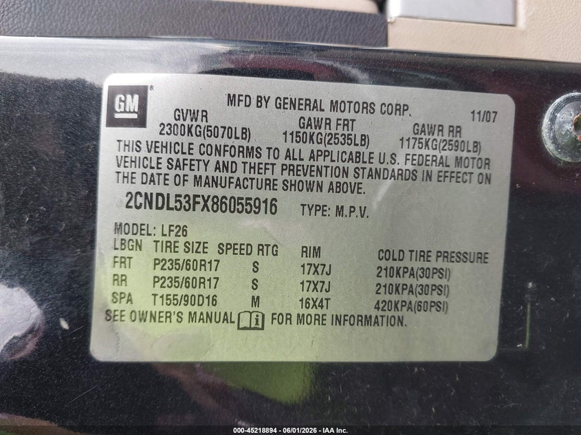 2008 Chevrolet Equinox Lt VIN: 2CNDL63F286055883 Lot: 45218894