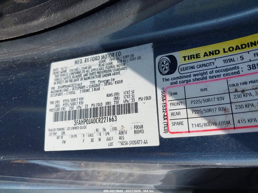 2012 Ford Fusion 2.5 Sel blue Lot 111045218949 Vin 3FAHP0JA0CR221663