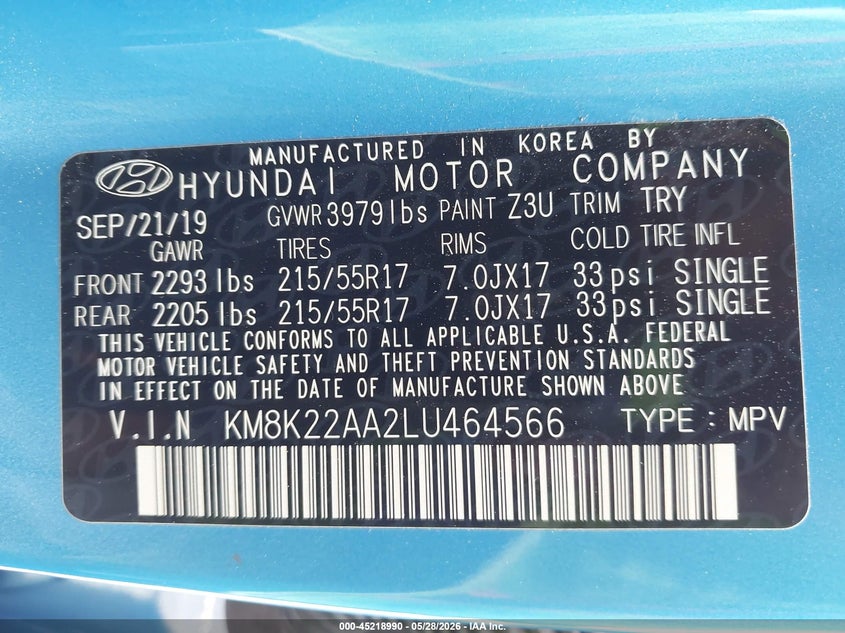 VIN KM8K22AA2LU464566 2020 HYUNDAI KONA SEL
