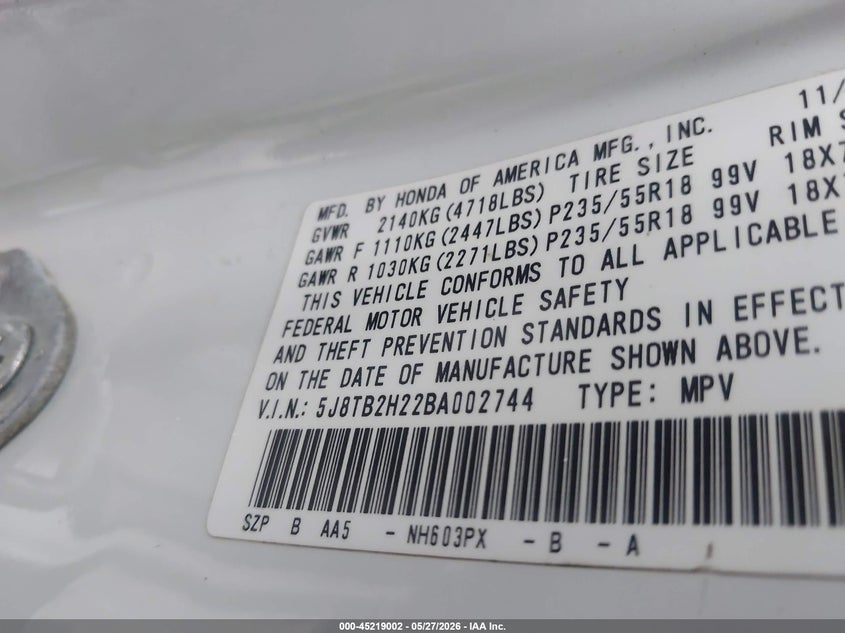 2011 Acura Rdx VIN: 5J8TB2H22BA002744 Lot: 45219002