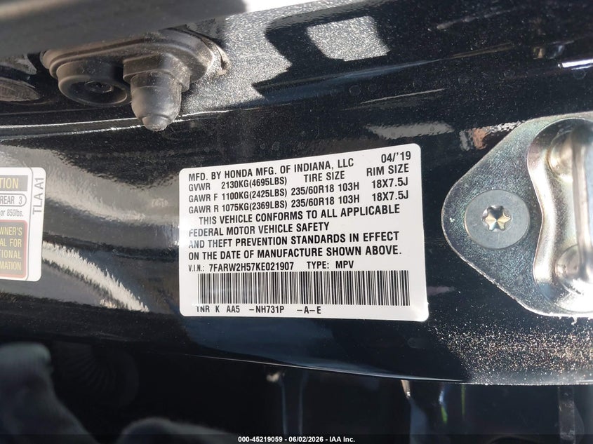 VIN 7FARW2H57KE021907 2019 HONDA CR-V EX