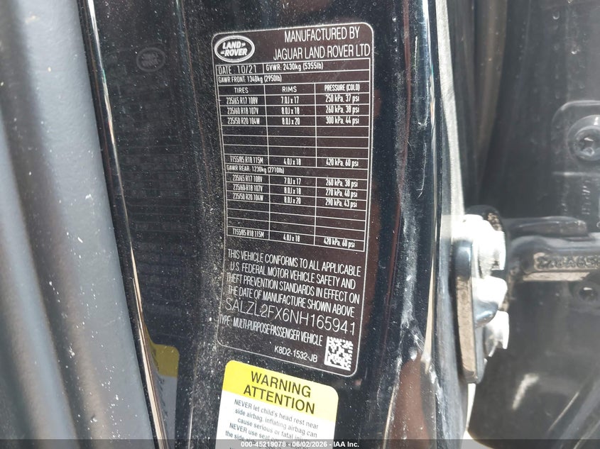 2022 Land Rover Range Rover Evoque R-Dynamic Se VIN: SALZL2FX6NH165941 Lot: 45219078