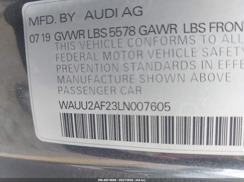 2020 Audi A7 Sportback Premium Plus 55 Tfsi Quattro S Tronic VIN: WAUU2AF23LN007605 Lot: 45219088