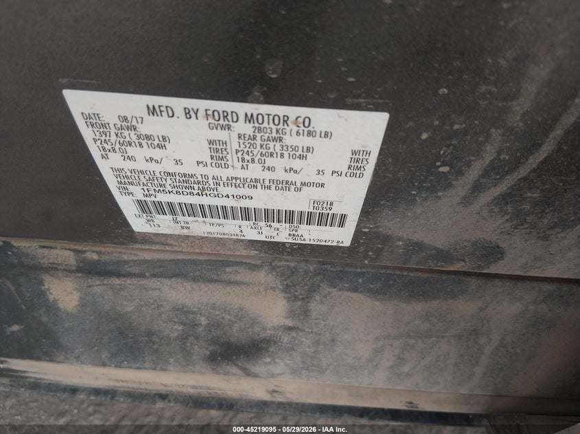 VIN 1FM5K8D84HGD41009 2017 FORD EXPLORER XLT