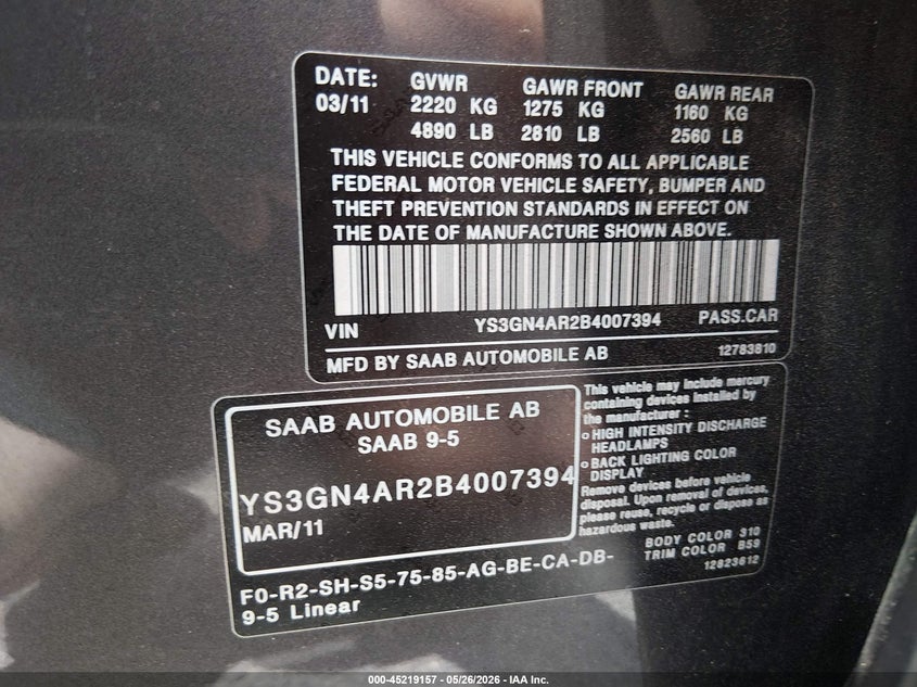 2011 Saab 9-5 Turbo4/Turbo4 Premium VIN: YS3GN4AR2B4007394 Lot: 45219157