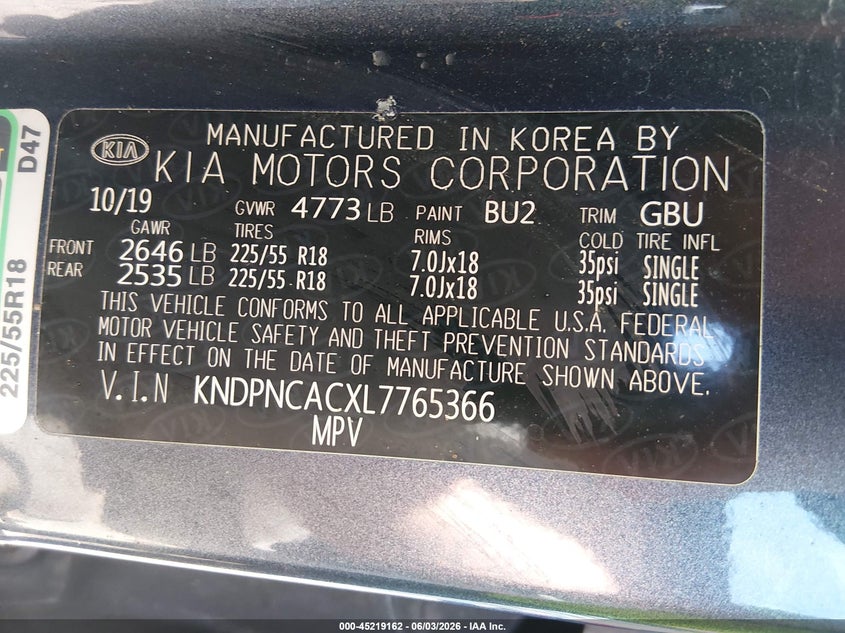 2020 Kia Sportage Ex VIN: KNDPNCACXL7765366 Lot: 45219162