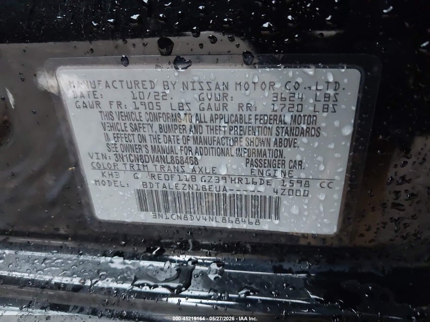 2022 Nissan Versa 1.6 S Xtronic Cvt VIN: 3N1CN8DV4NL868468 Lot: 45219164