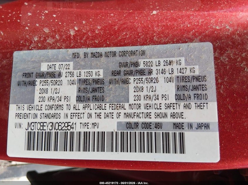 2022 Mazda Cx-9 Signature VIN: JM3TCBEY3N0629541 Lot: 45219170