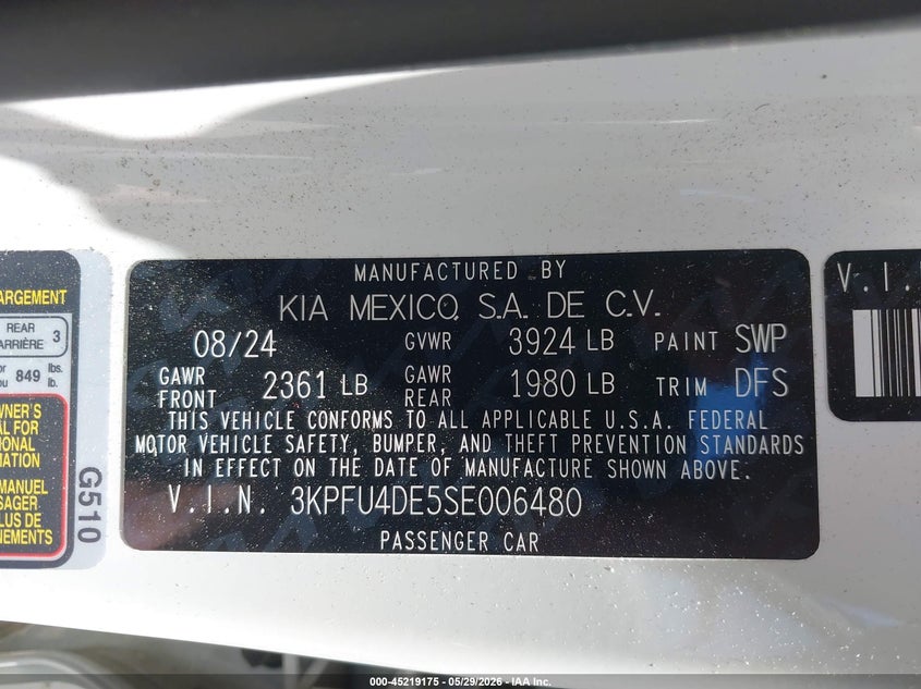 2025 Kia K4 Ex VIN: 3KPFU4DE5SE006480 Lot: 45219175