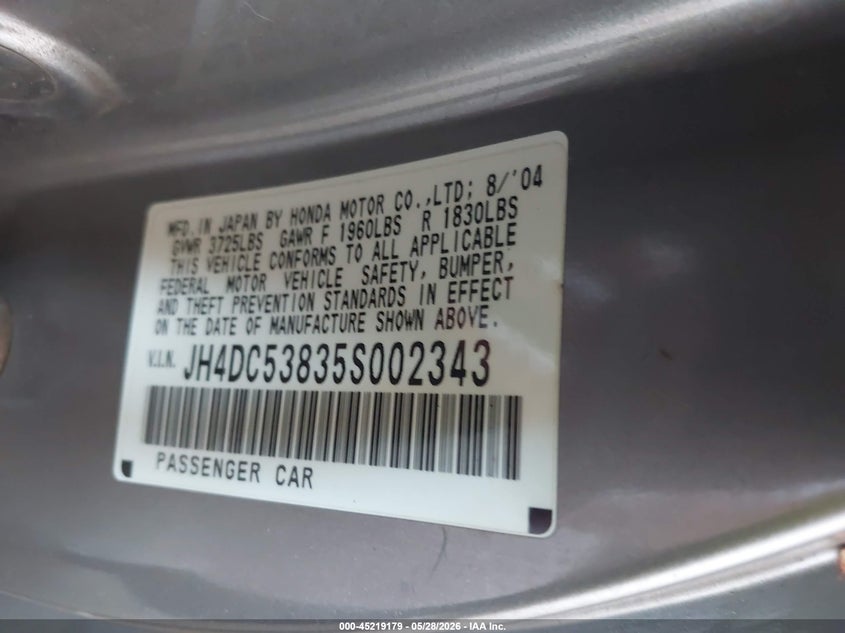 2005 Acura Rsx VIN: JH4DC53835S002343 Lot: 45219179