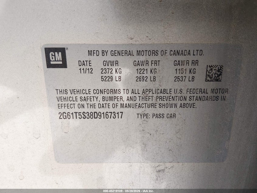 2013 Cadillac Xts Premium VIN: 2G61T5S38D9167317 Lot: 45219189