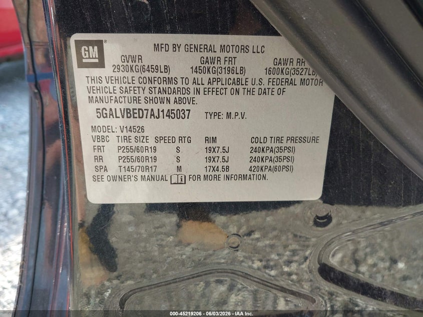 2010 Buick Enclave 1Xl VIN: 5GALVBED7AJ145037 Lot: 45219206