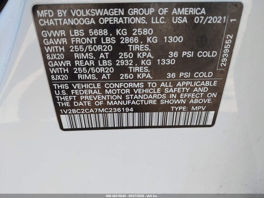 2021 Volkswagen Atlas Cross Sport 2.0T Sel VIN: 1V2BC2CA7MC236194 Lot: 45219248
