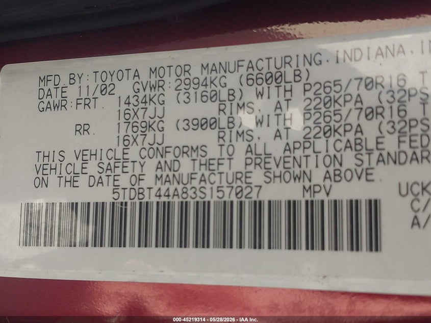 2003 Toyota Sequoia Sr5 V8 VIN: 5TDBT44A83S157027 Lot: 45219314