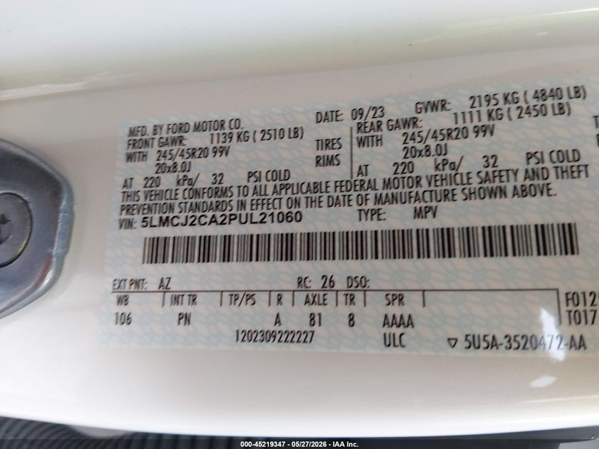 2023 Lincoln Corsair Reserve VIN: 5LMCJ2CA2PUL21060 Lot: 45219347