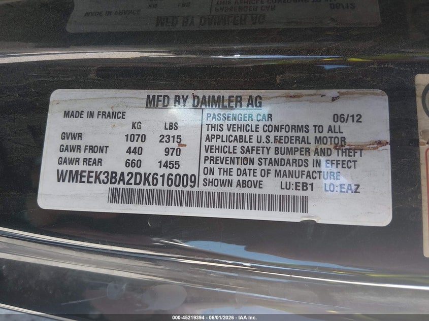 2013 Smart Fortwo Passion VIN: WMEEK3BA2DK616009 Lot: 45219394