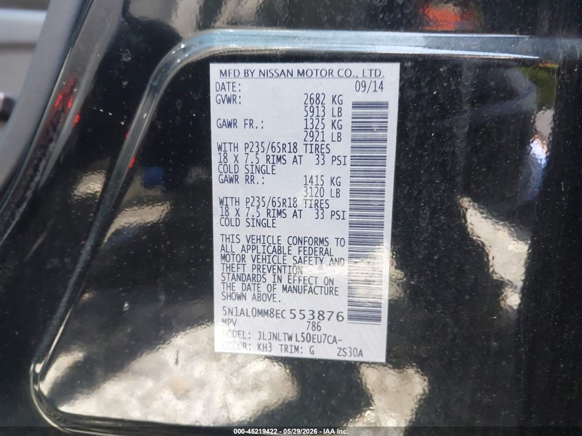 2014 Infiniti Qx60 VIN: 5N1AL0MM8EC553876 Lot: 45219422