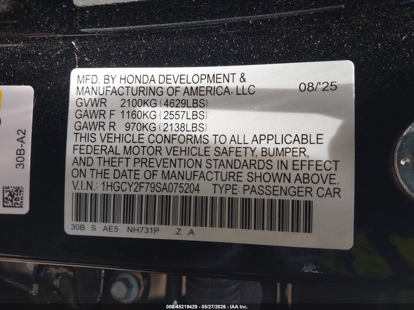2025 HONDA ACCORD HYBRID 2.0L I-4 DI, DOHC, V(VIN: 1HGCY2F79SA075204