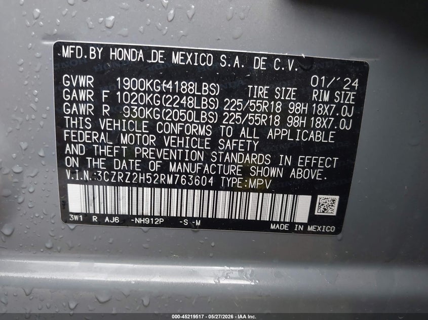 VIN 3CZRZ2H52RM763604 2024 HONDA HR-V AWD SPORT/AWD SPORT W/O BSI