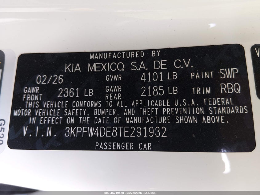 2026 Kia K4 Gt-Line VIN: 3KPFW4DE8TE291932 Lot: 45219570