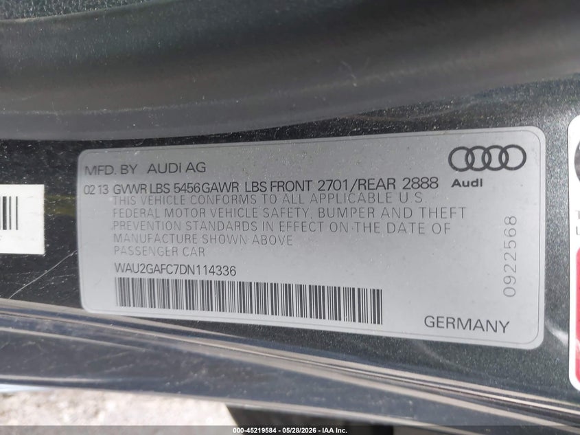 2013 Audi A7 3.0T Premium VIN: WAU2GAFC7DN114336 Lot: 45219584