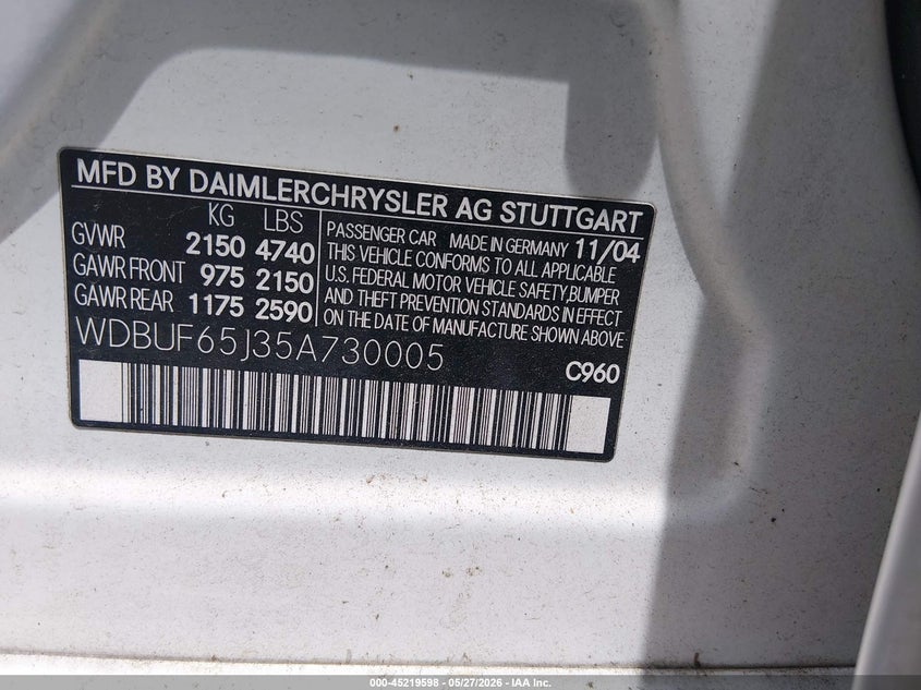 2005 Mercedes-Benz E 320 VIN: WDBUF65J35A730005 Lot: 45219598