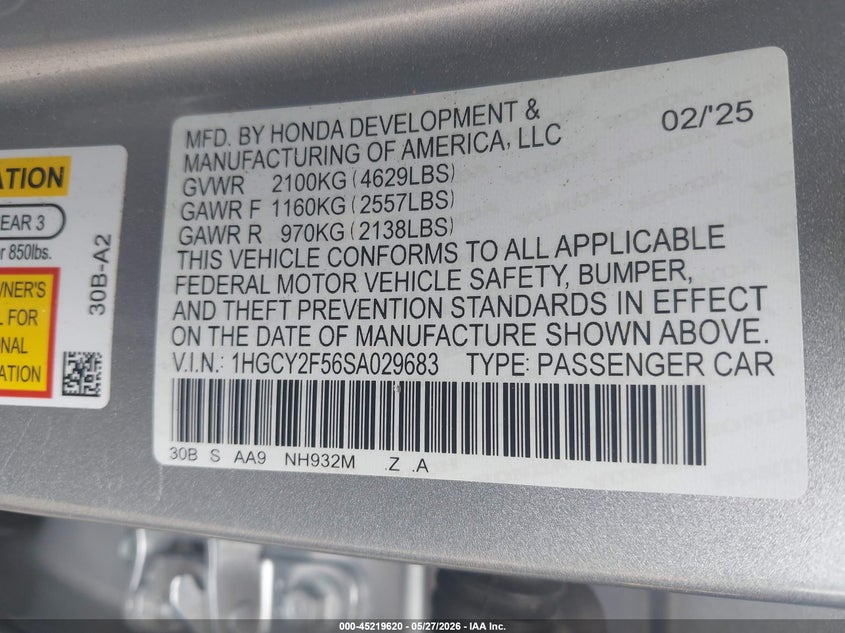 HONDA ACCORD HYBRID 2025 VIN 1HGCY2F56SA029683