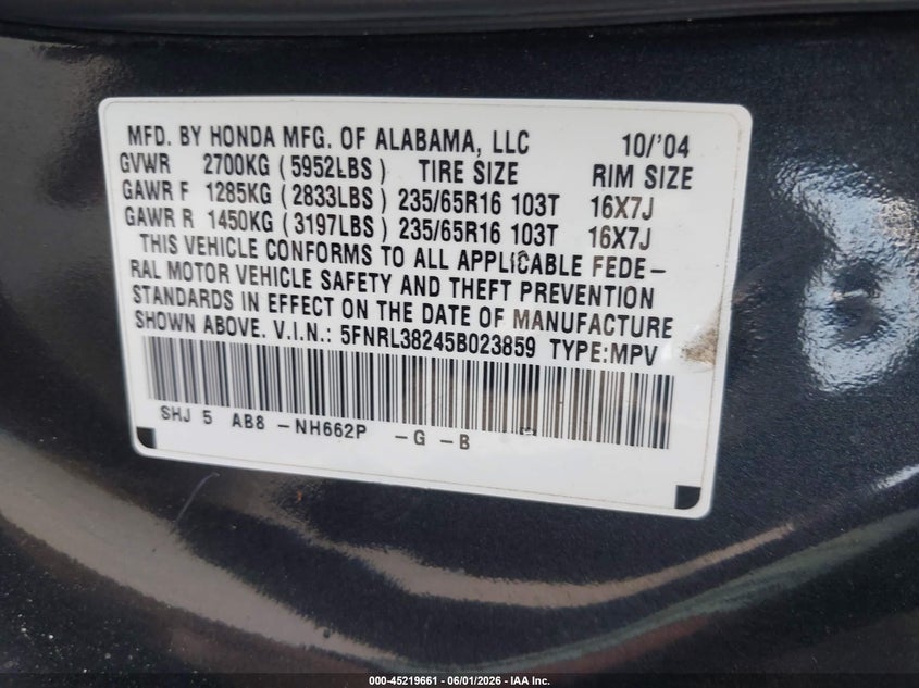2005 Honda Odyssey Lx VIN: 5FNRL38245B023859 Lot: 45219661