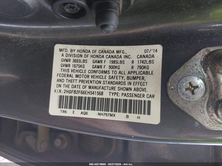 2014 HONDA CIVIC SEDAN 1.8L I-4 VVT, 143HP