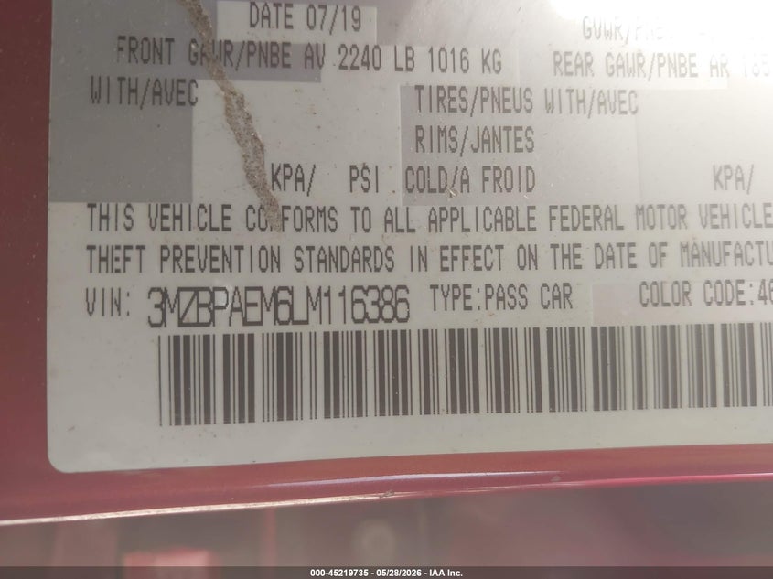 2020 Mazda Mazda3 Premium Package VIN: 3MZBPAEM6LM116386 Lot: 45219735