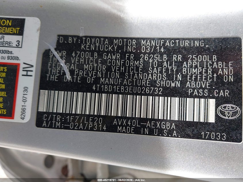 2014 Toyota Avalon Hybrid Xle Touring VIN: 4T1BD1EB3EU026732 Lot: 45219781