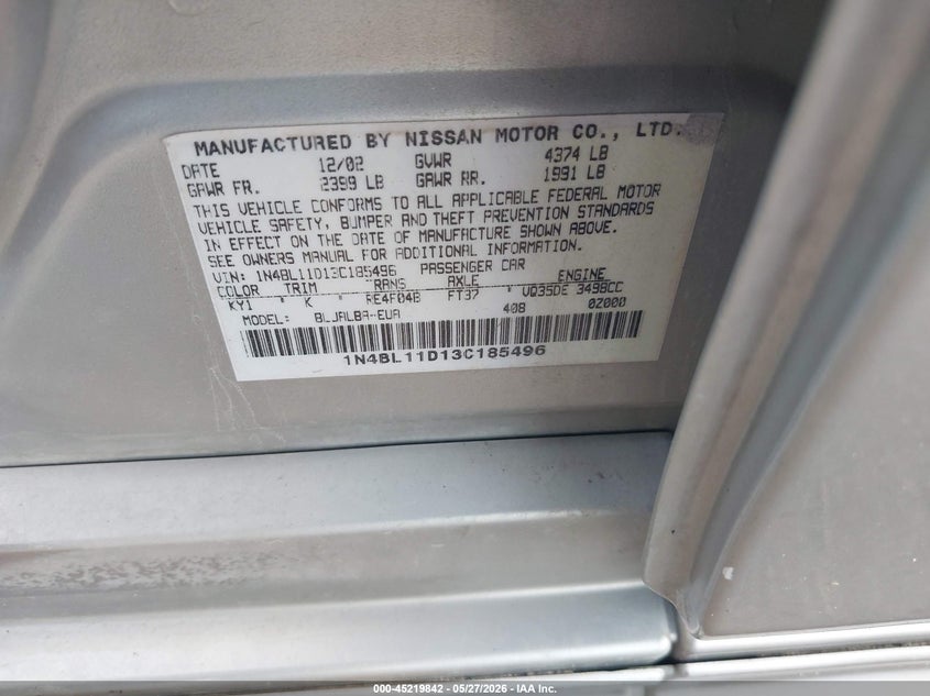 2003 Nissan Altima 3.5 Se VIN: 1N4BL11D13C185496 Lot: 45219842