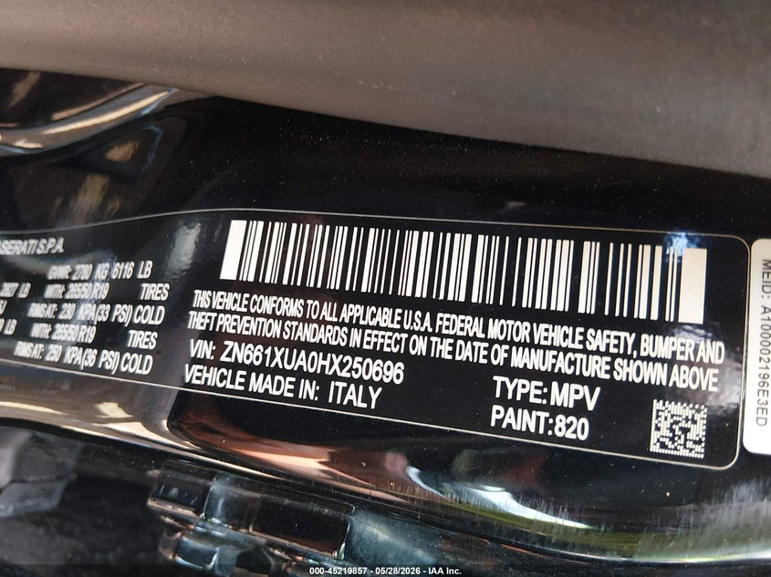 2017 Maserati Levante VIN: ZN661XUA0HX250696 Lot: 45219857