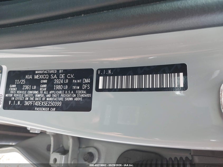 2025 Kia K4 Lxs VIN: 3KPFT4DEXSE250399 Lot: 45219862
