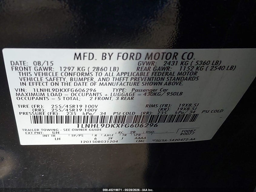 2015 Lincoln Mks VIN: 1LNHL9DKXFG606296 Lot: 45219871