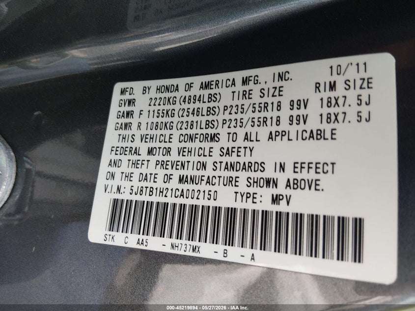 2012 Acura Rdx VIN: 5J8TB1H21CA002150 Lot: 45219894