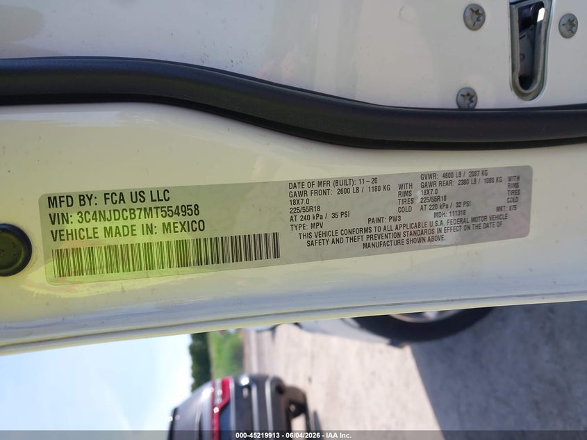 2021 Jeep Compass Limited 4X4 VIN: 3C4NJDCB7MT554958 Lot: 45219913