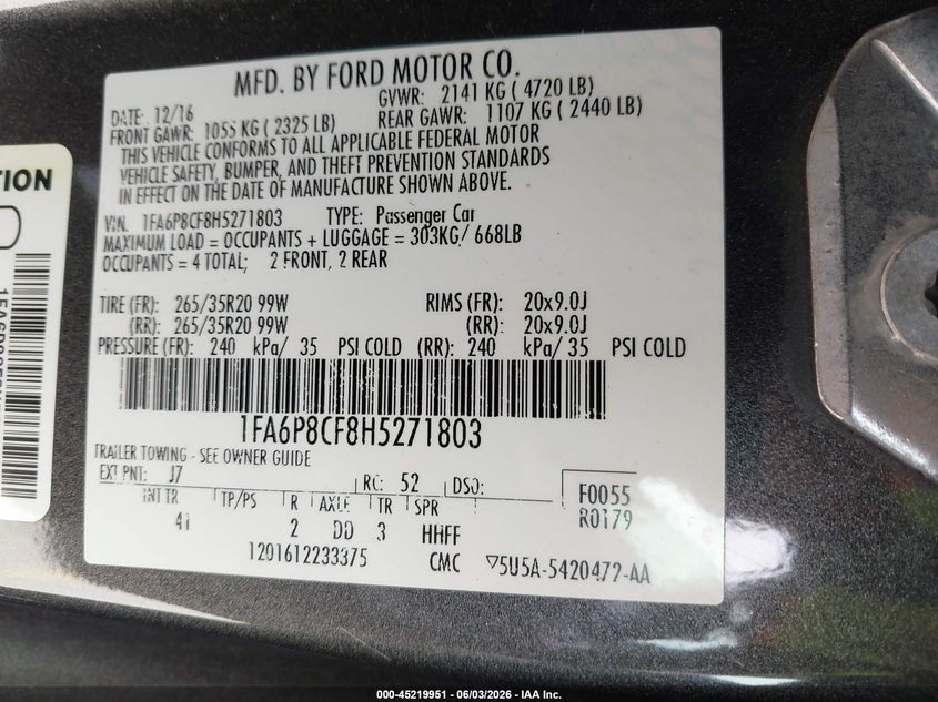 2017 Ford Mustang Gt Premium VIN: 1FA6P8CF8H5271803 Lot: 45219951