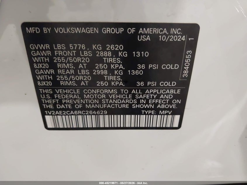 2024 Volkswagen Atlas Cross Sport 2.0T Sel R-Line VIN: 1V2AE2CA6RC264629 Lot: 45219971