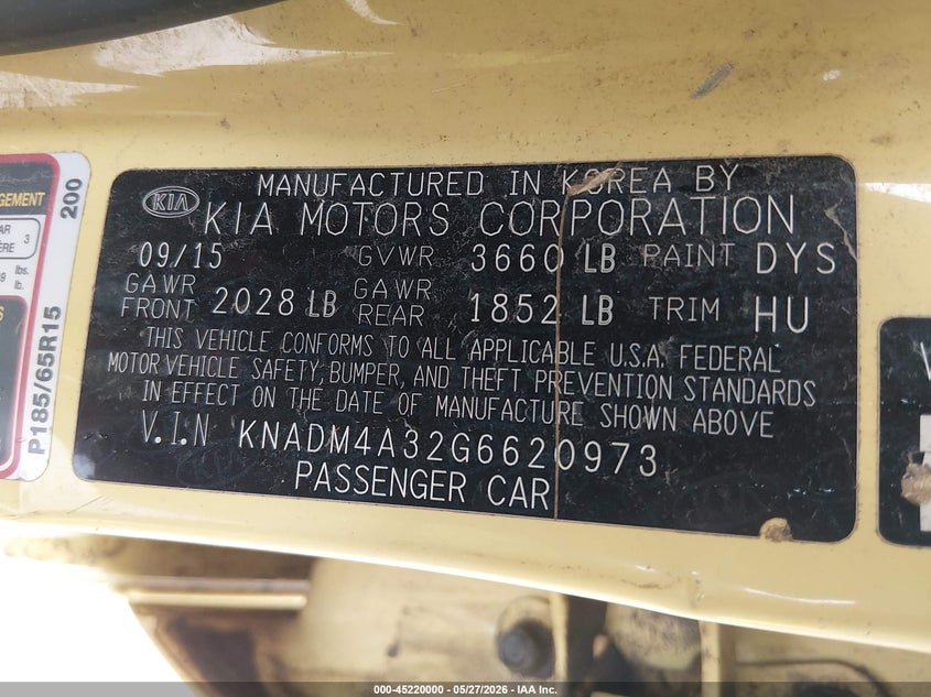2016 Kia Rio Lx VIN: KNADM4A32G6620973 Lot: 45220000