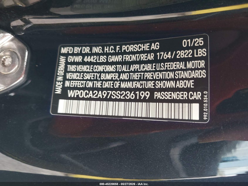 2025 Porsche 911 Carrera Cabriolet/Carrera T Cabriolet VIN: WP0CA2A97SS236199 Lot: 45220058