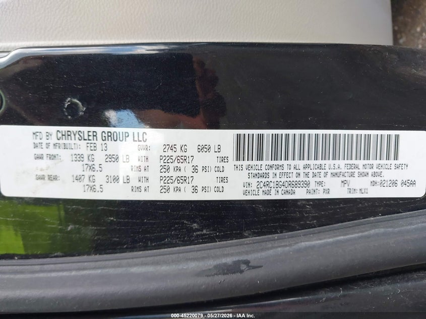 2013 Chrysler Town & Country Touring VIN: 2C4RC1BG4DR689390 Lot: 45220079