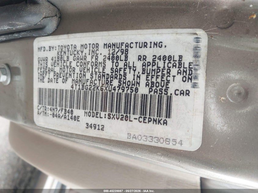 1999 Toyota Camry Le VIN: 4T1BG22K6XU479750 Lot: 45220087