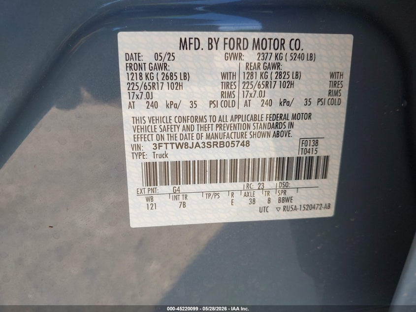 2025 Ford Maverick Xlt VIN: 3FTTW8JA3SRB05748 Lot: 45220099