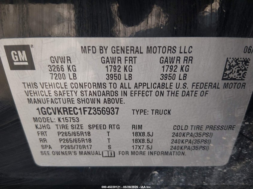 CHEVROLET SILVERADO 1500 2015 VIN 1GCVKREC1FZ356937