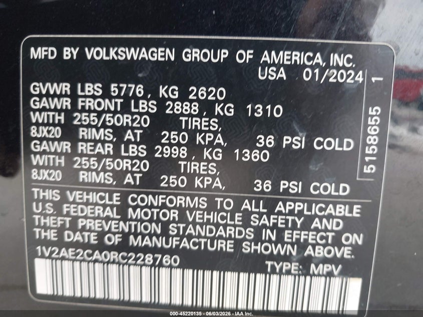 2024 Volkswagen Atlas Cross Sport 2.0T Sel R-Line VIN: 1V2AE2CA0RC228760 Lot: 45220135